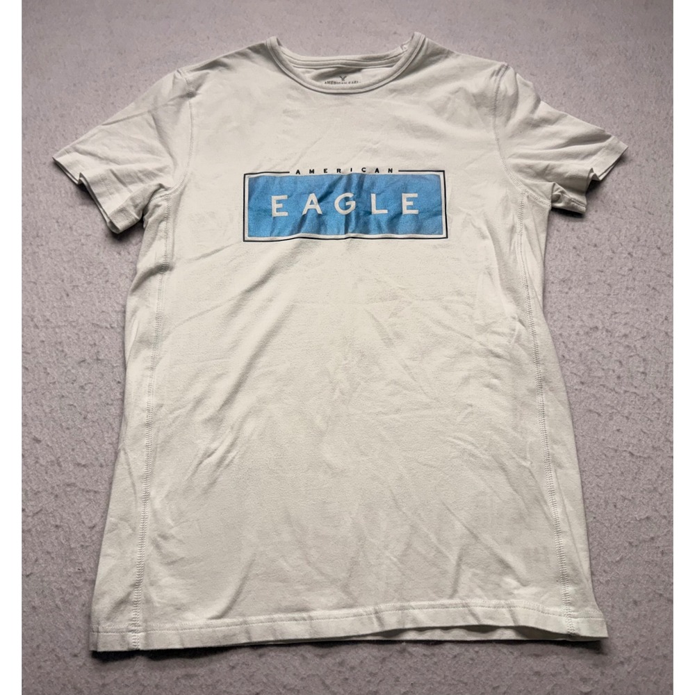 American Eagle Mens Active Flex Graphic T-Shirt Off-White Blue Box Logo Small